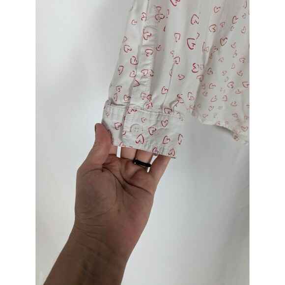beachlunchlounge Button Down L Women's White Heart Print Long Sleeve Blouse Vday - Picture 3 of 6